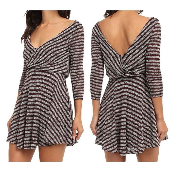 FREE PEOPLE Maverick Eggplant Purple & Grey Striped V-Back Dress Size L - Picture 1 of 10
